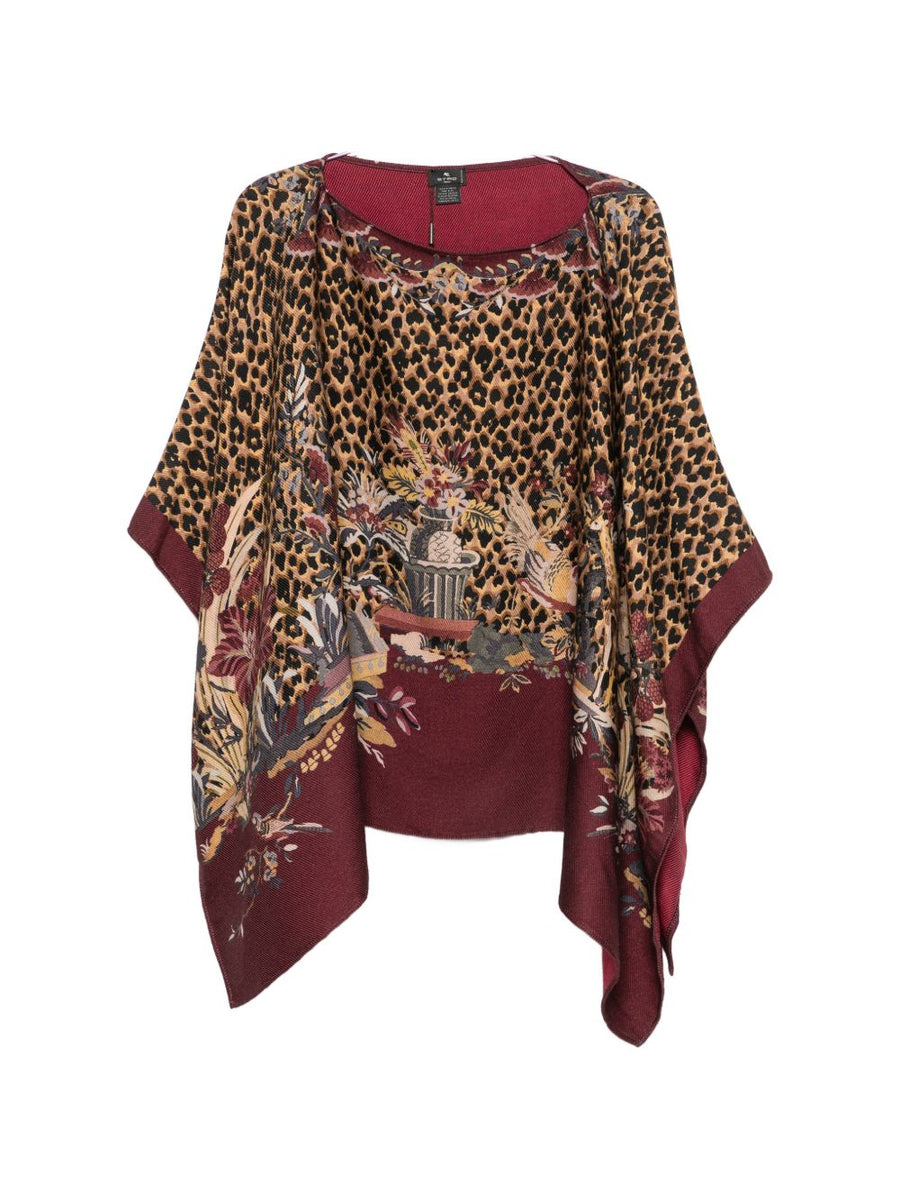 Etro Jacquard-Print Wool-Blend Poncho — Brown