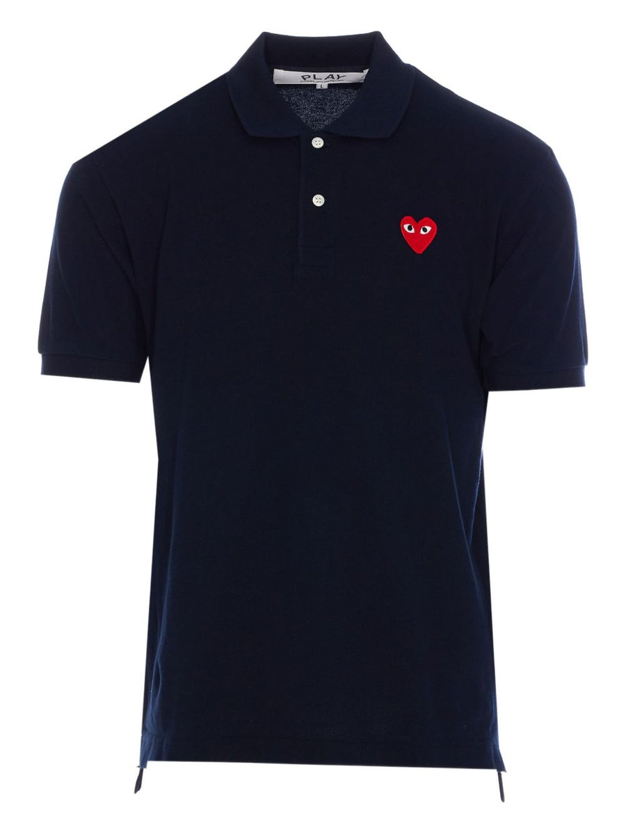 Comme Des Garcons Red Heart-Embroidered Cotton Polo — Navy