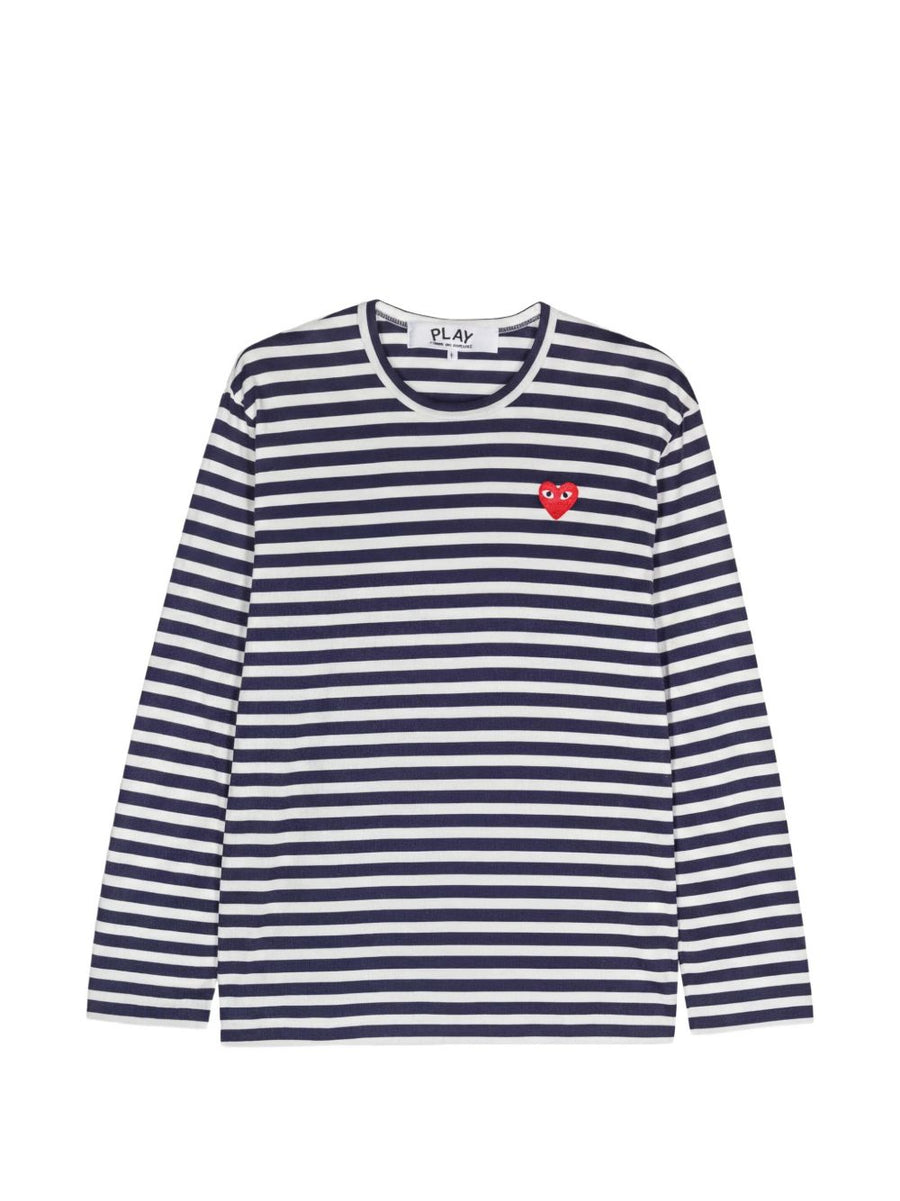 Comme Des Garcons Striped Red Heart Logo T-Shirt — Navy