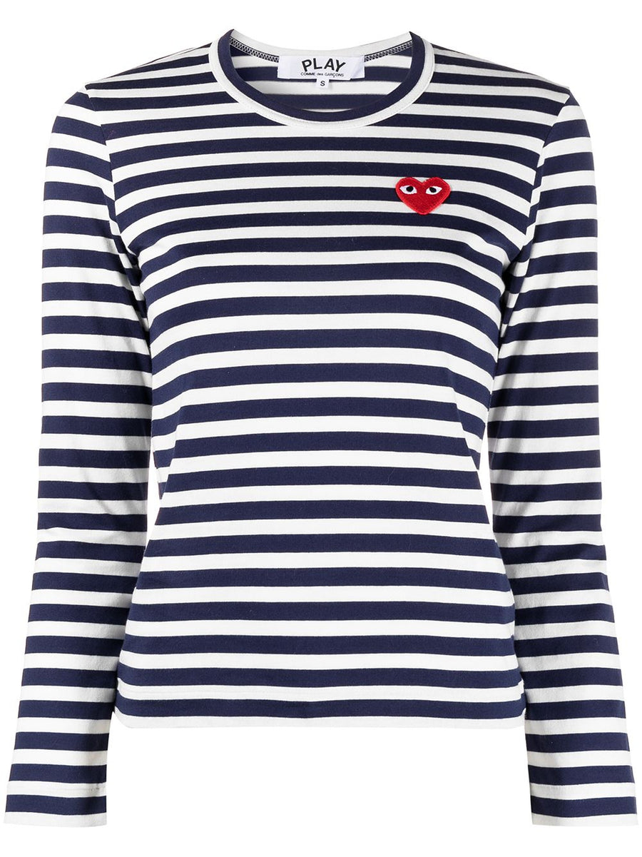 Comme Des Garcons Striped Cotton with Heart Logo Patch T-Shirt — Navy
