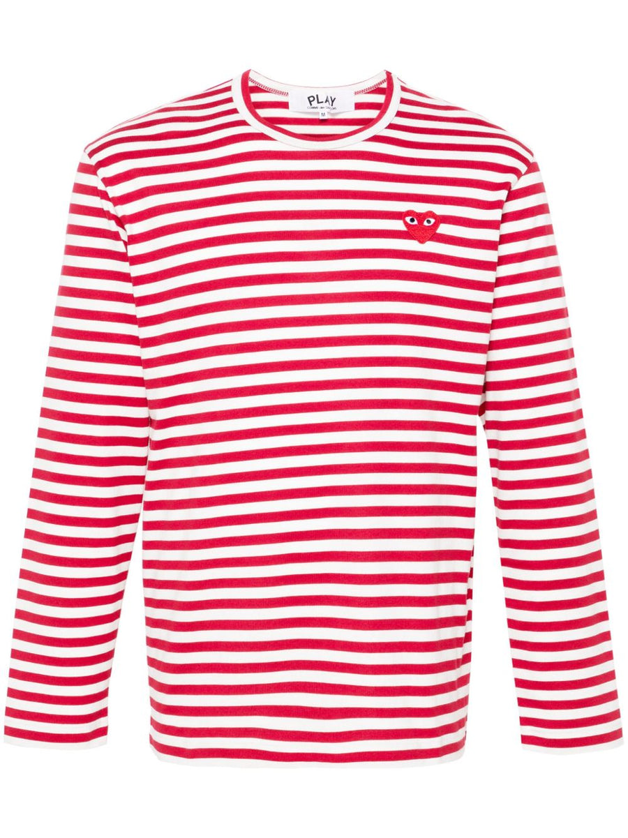 Comme Des Garcons Red Heart Striped Cotton T-Shirt — Red