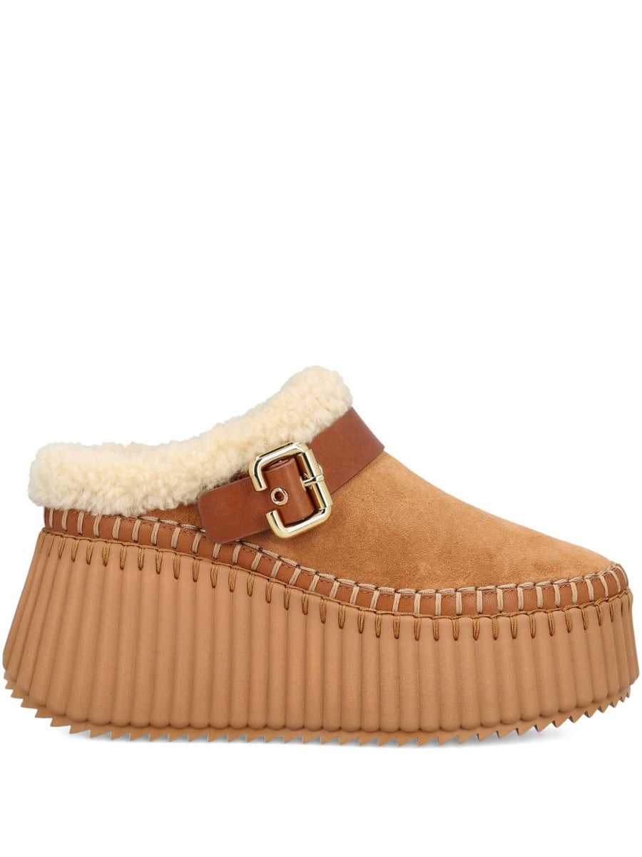 Chloé Shearling-Lined Platform Slipper — Caramel