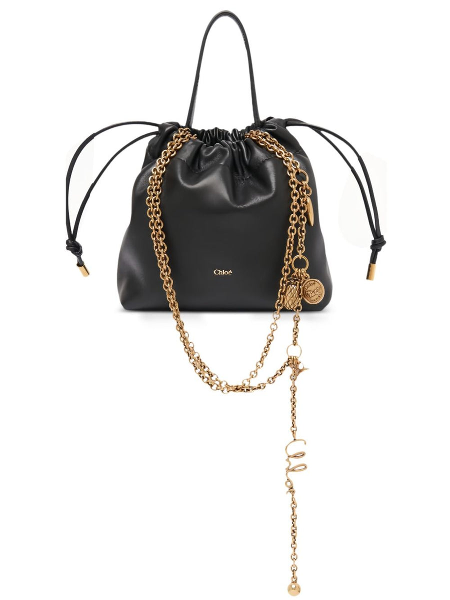 Chloé Chain-Embellished Leather Bucket Bag — Black