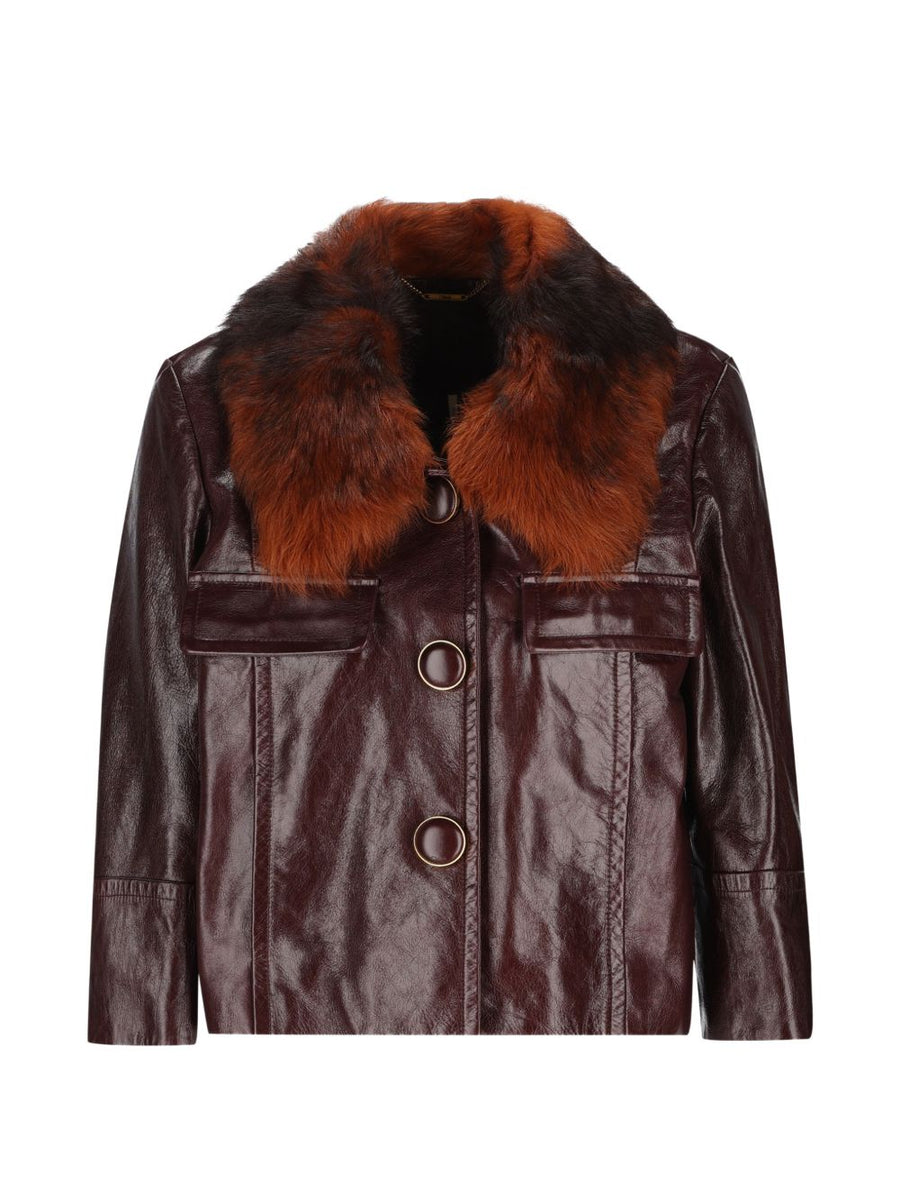 Chloé Fur-Trimmed Leather Jacket — Brown