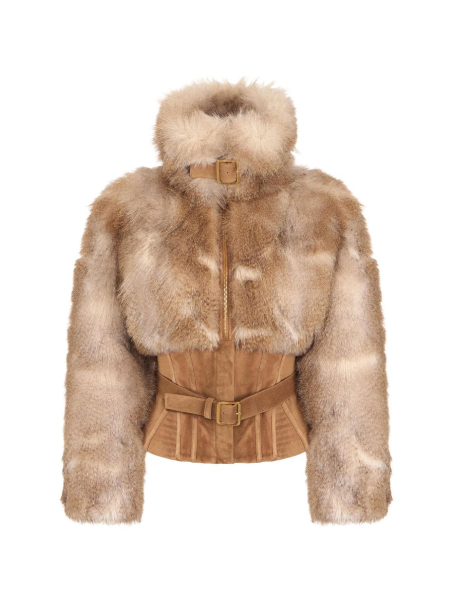 Elisabetta Franchi Fur-Effect with Suede Corset Belt Jacket — Brown