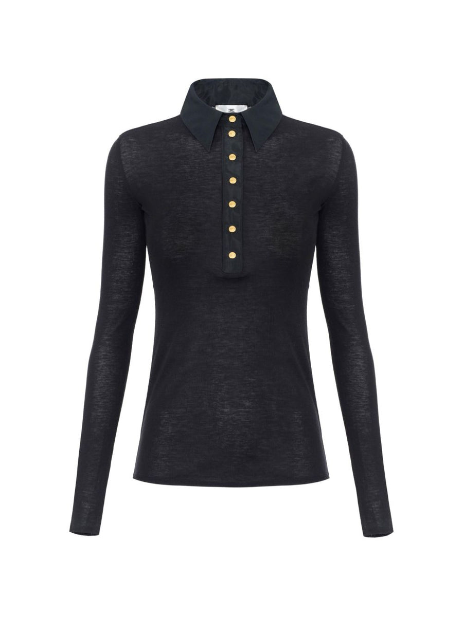 Elisabetta Franchi Taffeta-Collar Knit Polo — Black
