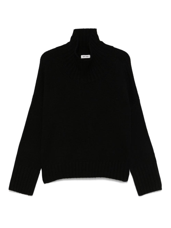 Soft Goat Ribbed Knit Turtleneck Sweater — Black