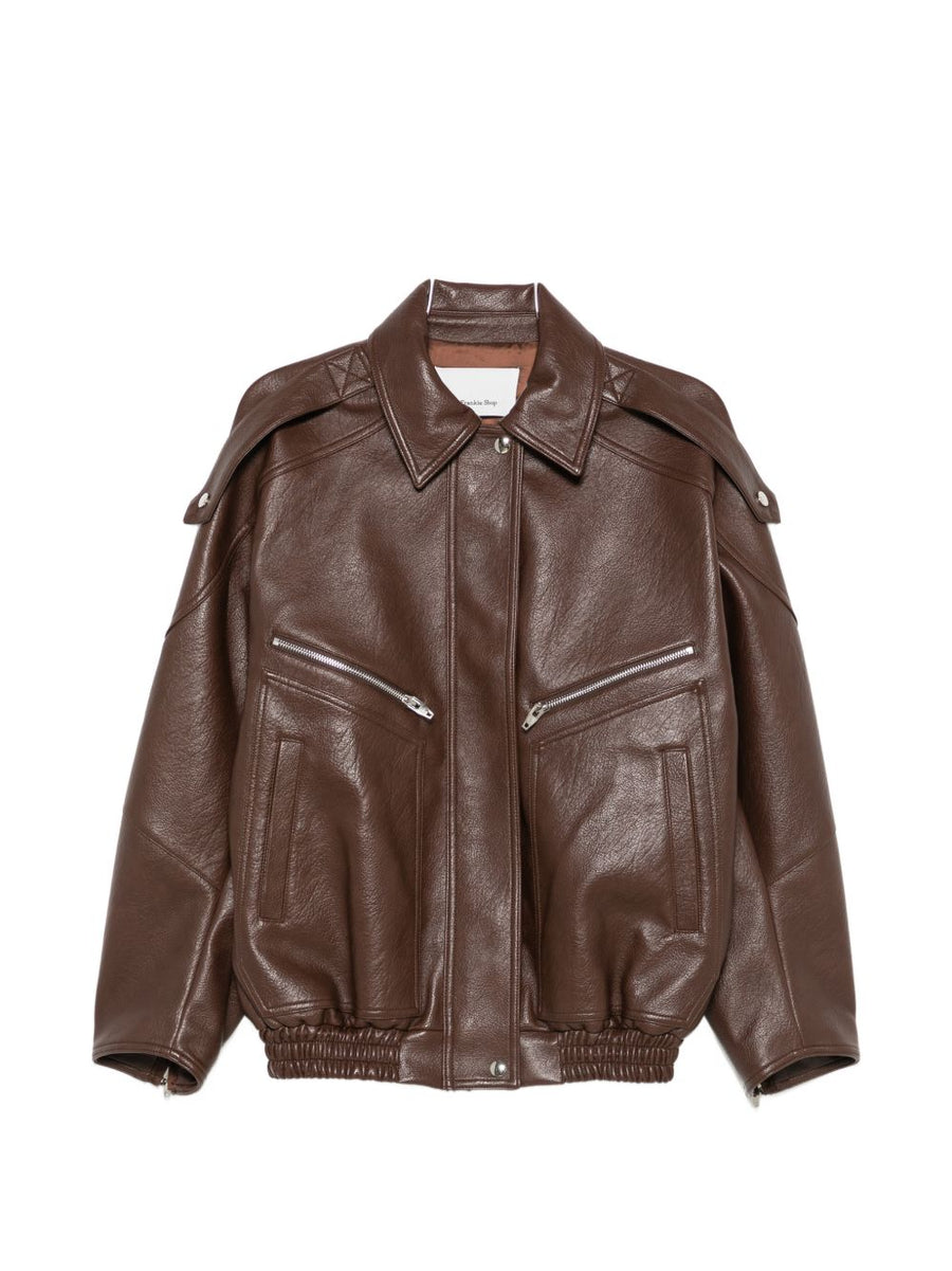 032C Faux Leather Bomber Jacket — Brown