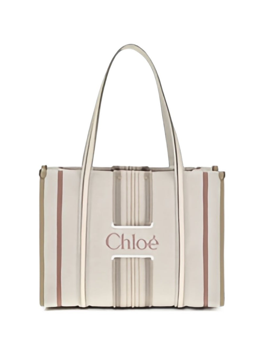 Chloé Striped Linen Shoulder Bag — Cream