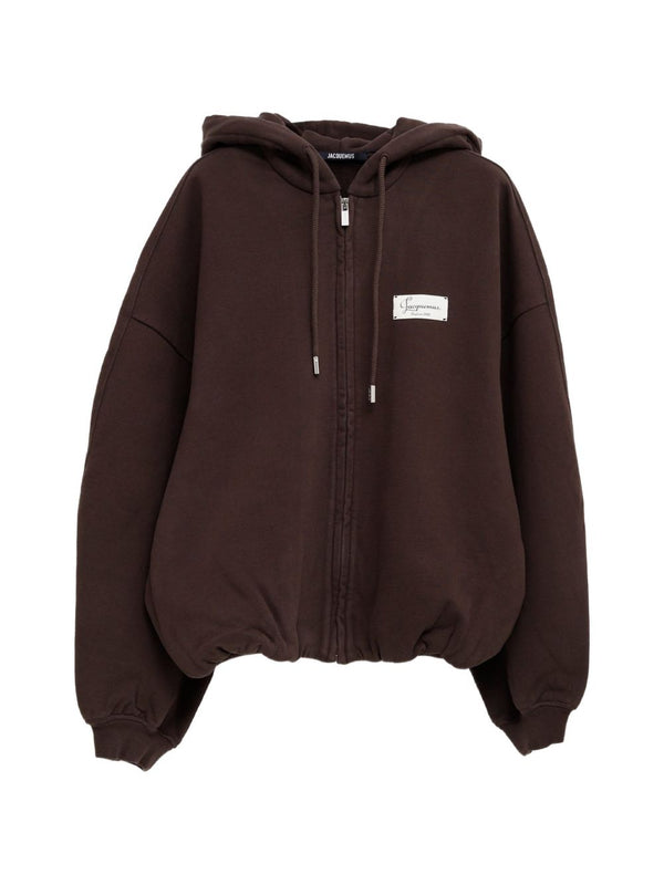 JACQUEMUS Logo Cotton Fleece Hoodie — Brown