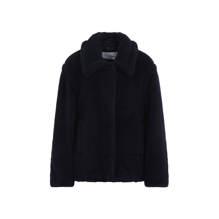 Fuggito Short Blue Teddy Coat Black Alpaca Virgin Wool Silk