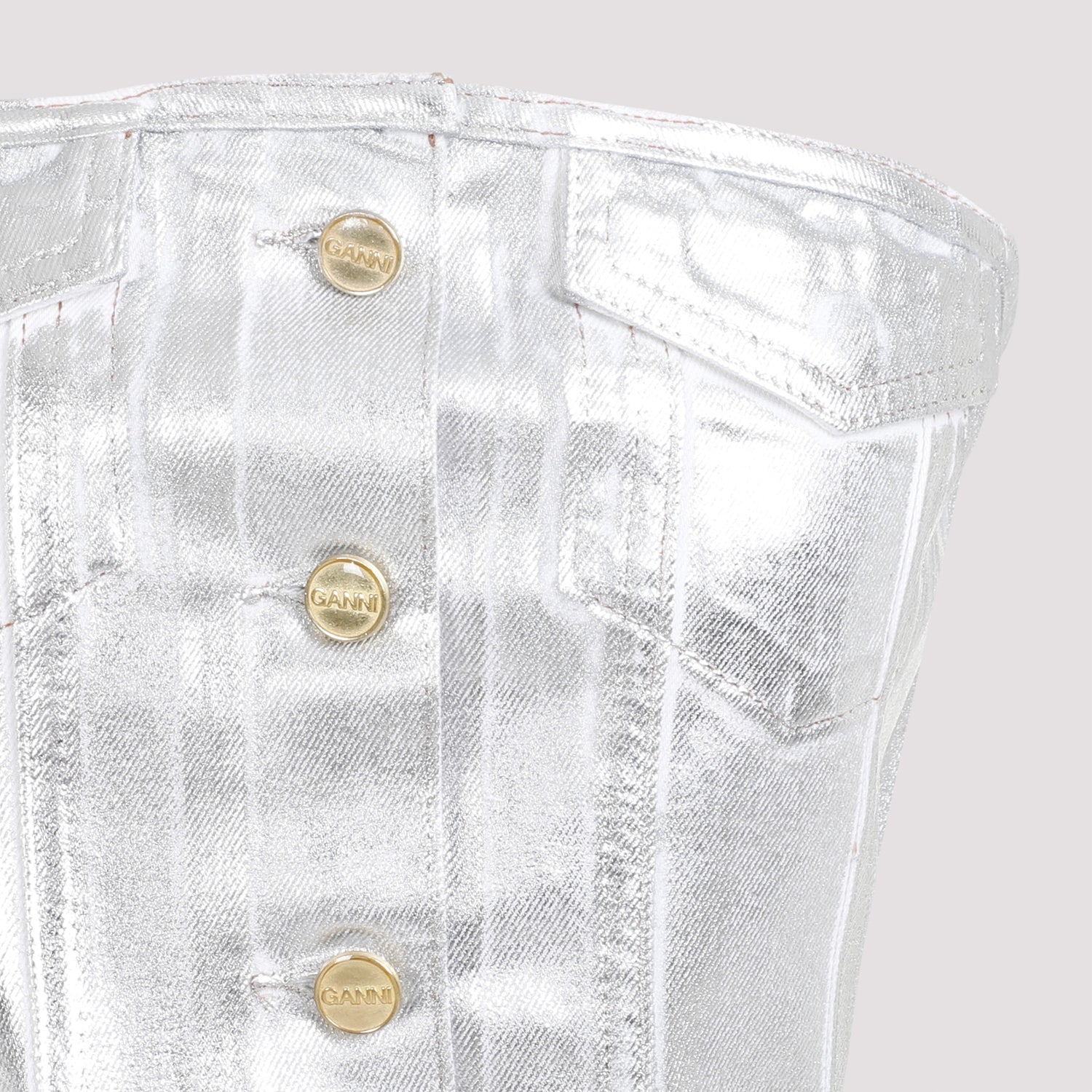 Foil Corsage Denim Top Metallic Cotton