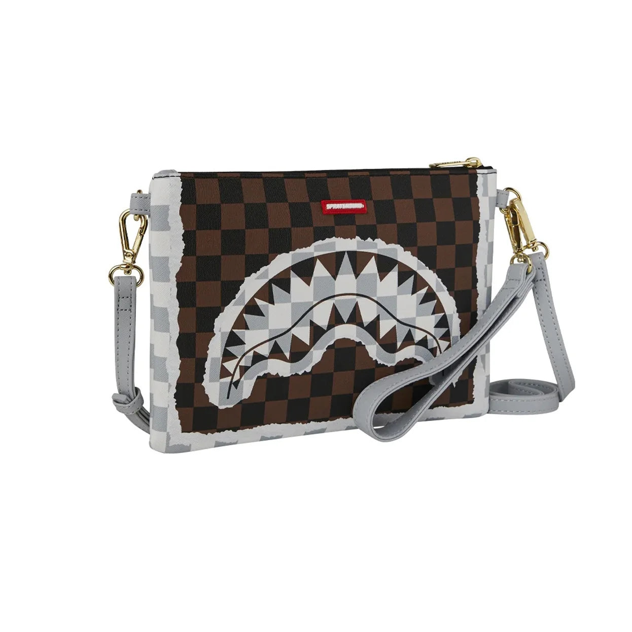 Cream And Brown Tear Check Crossover Polyvinyl Chloride Bag
