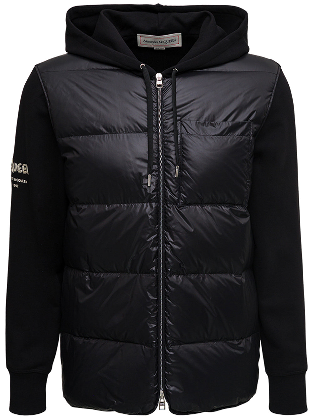 Black Nylon And Cotton Down Jacket With Logo