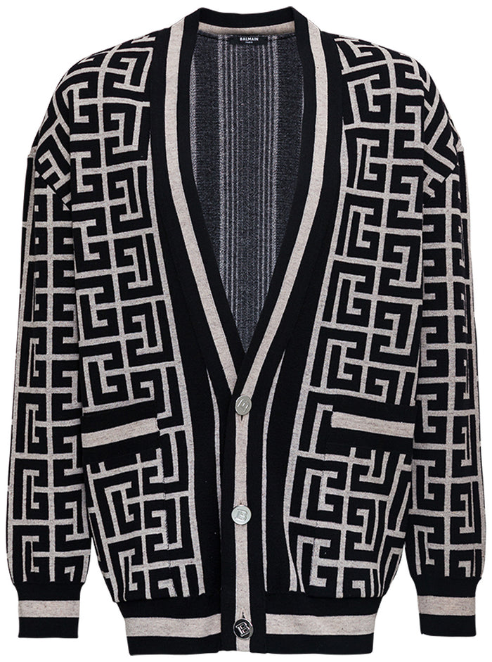 Merinos Wool Cardigan With Monogram Print Black Linen Polyamide Jersey