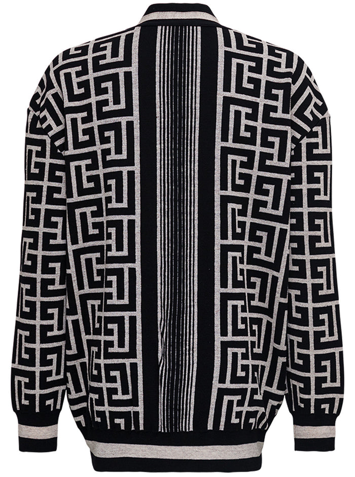 Merinos Wool Cardigan With Monogram Print Black Linen Polyamide Jersey