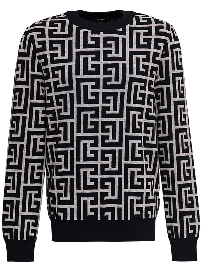 Merino Wool Crew Neck Sweater With Monogram Print Black Merinos Linen Polyamide Jersey