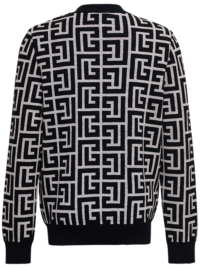 Merino Wool Crew Neck Sweater With Monogram Print Black Merinos Linen Polyamide Jersey