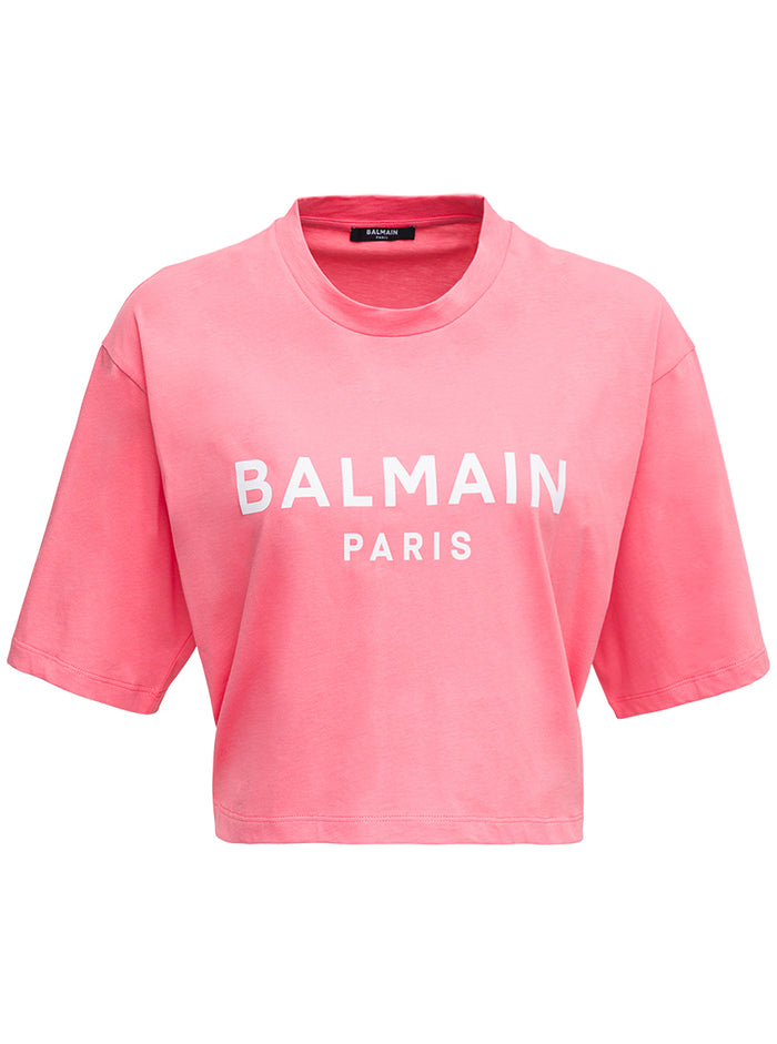 Pink Cotton Cropped T-Shirt With Logo Print Tshirts And Polo Shirts