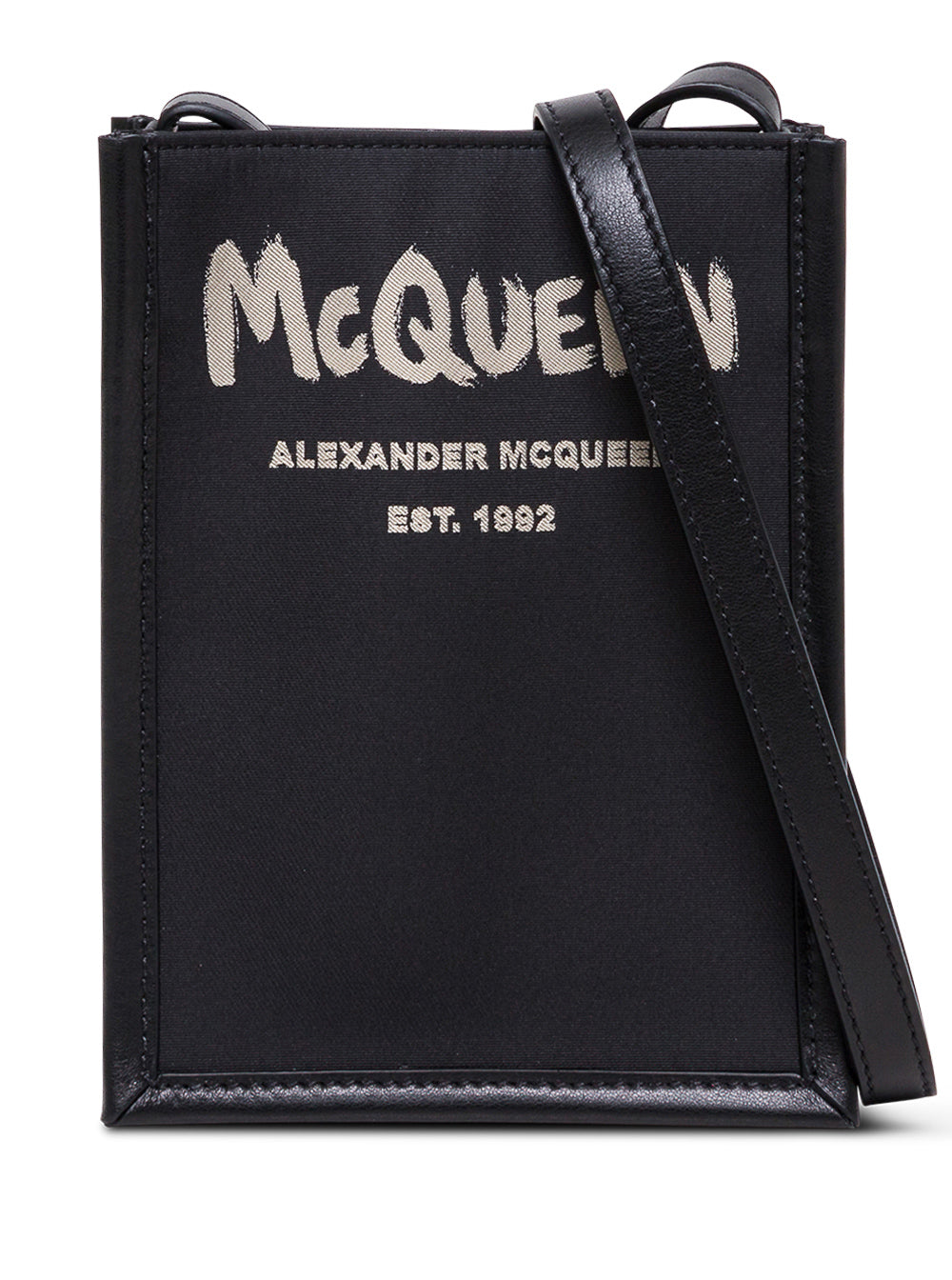 Fabric And Leather Crossbody Bag With Logo Print Black Polyester
