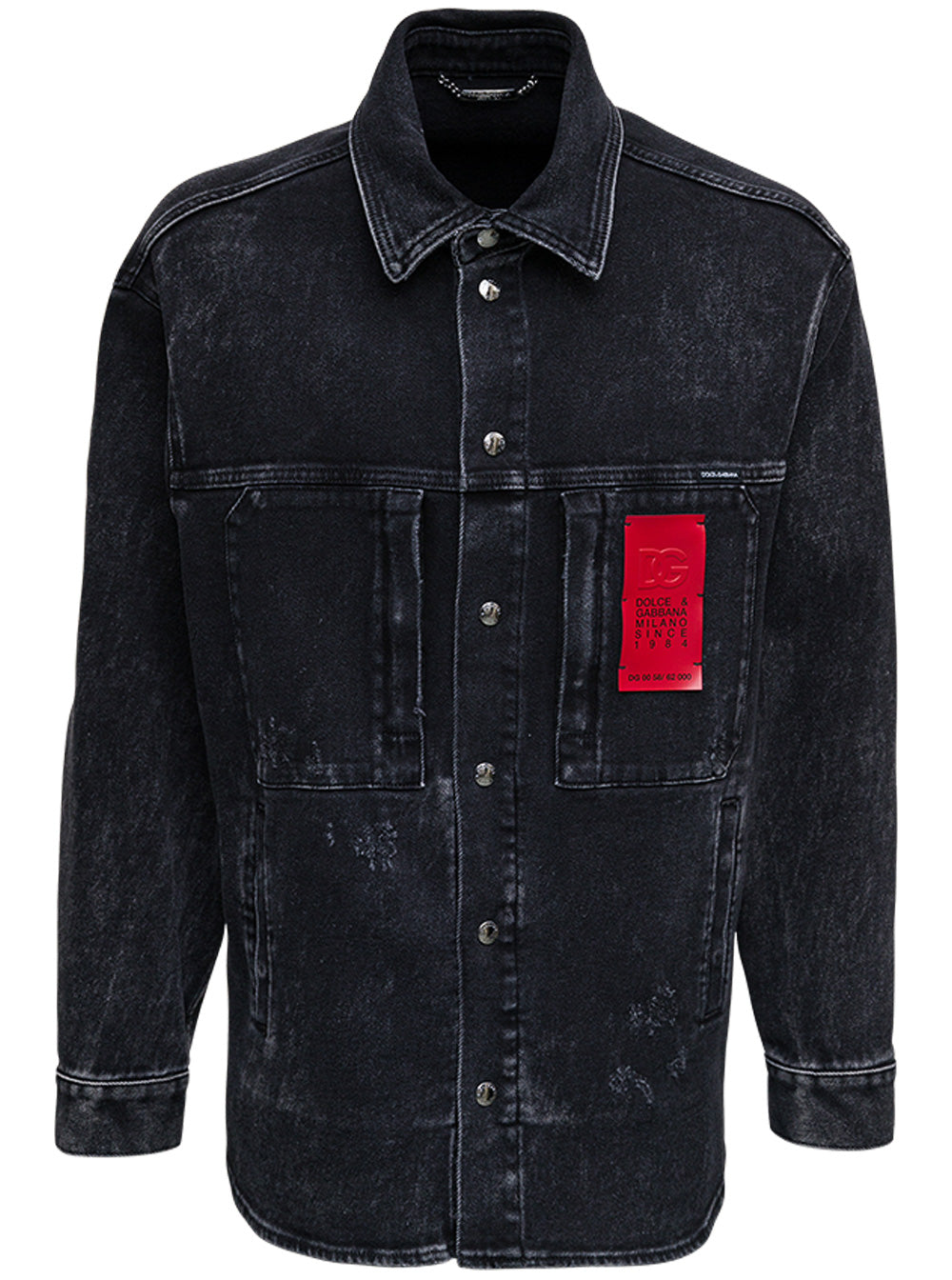 Grey Denim Shirt With Logo Black Cotton Elastane And Blouses