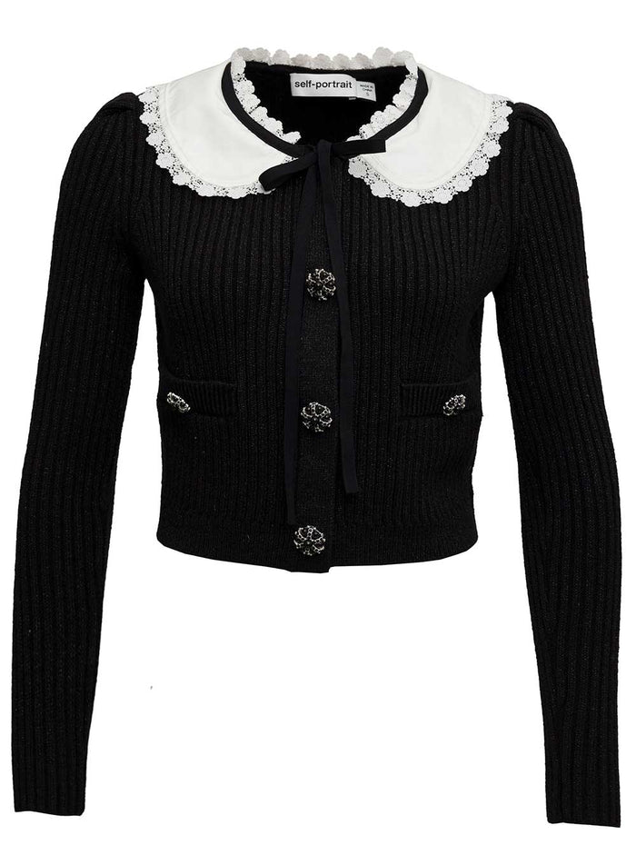 Black Wool And Cotton Lurex Cardigan Metallic Jersey