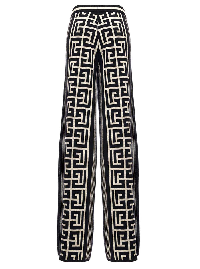 Palazzo Wool Pants With Monogram Motif Black Merinos Linen Polyamide Trousers