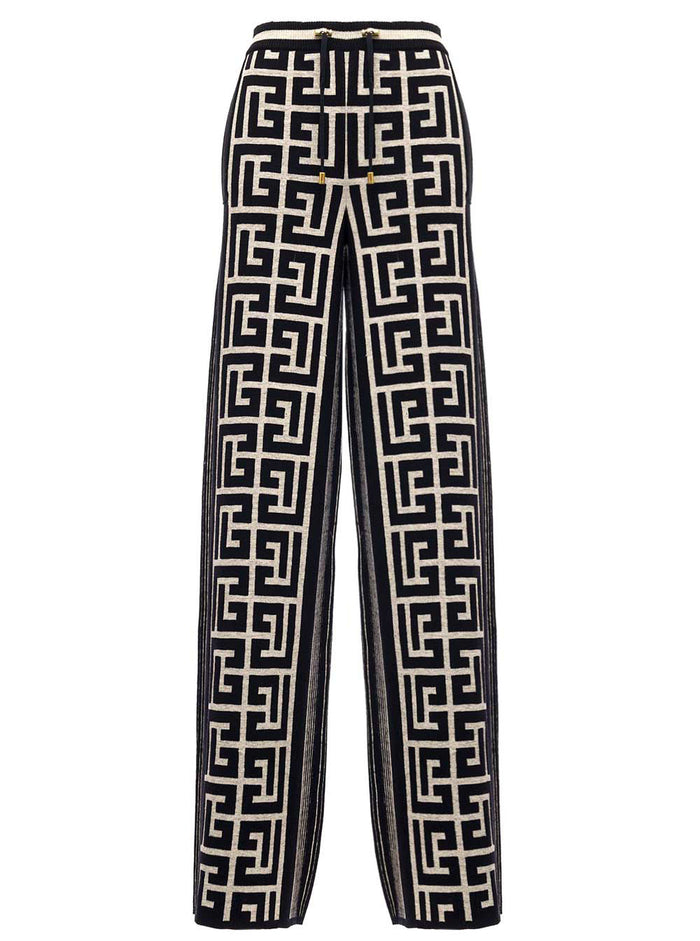 Palazzo Wool Pants With Monogram Motif Black Merinos Linen Polyamide Trousers