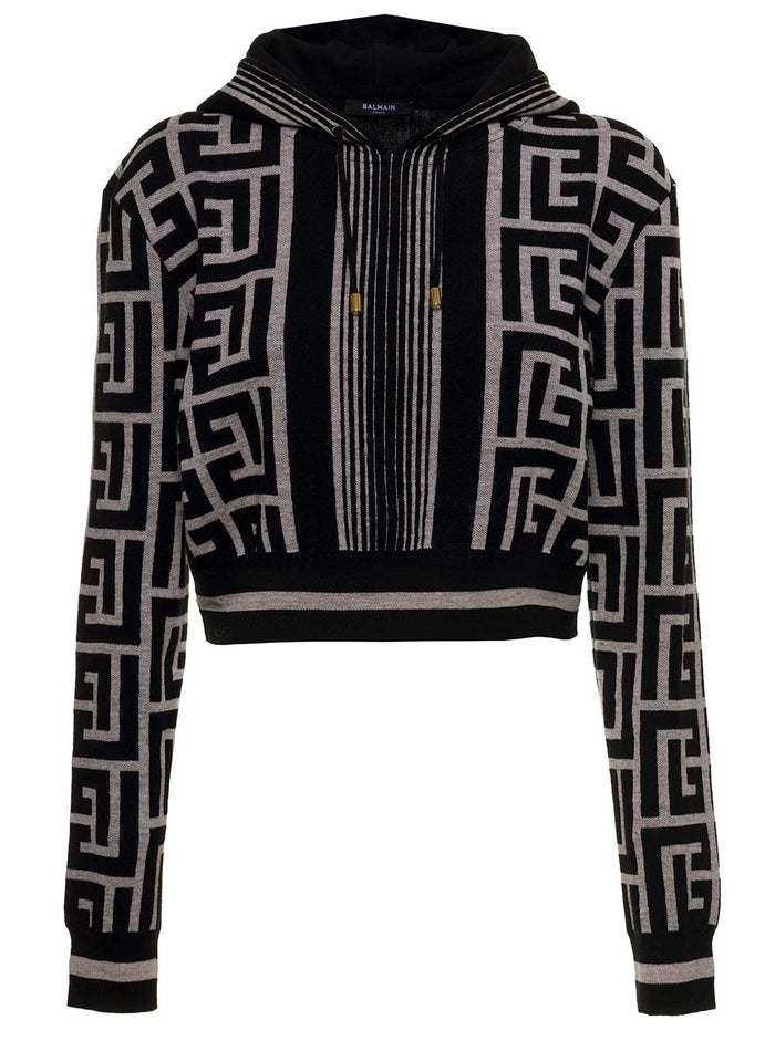 Cropped Wool Hoodie With Mongram Motif Black Merinos Linen Polyamide Sweatshirts