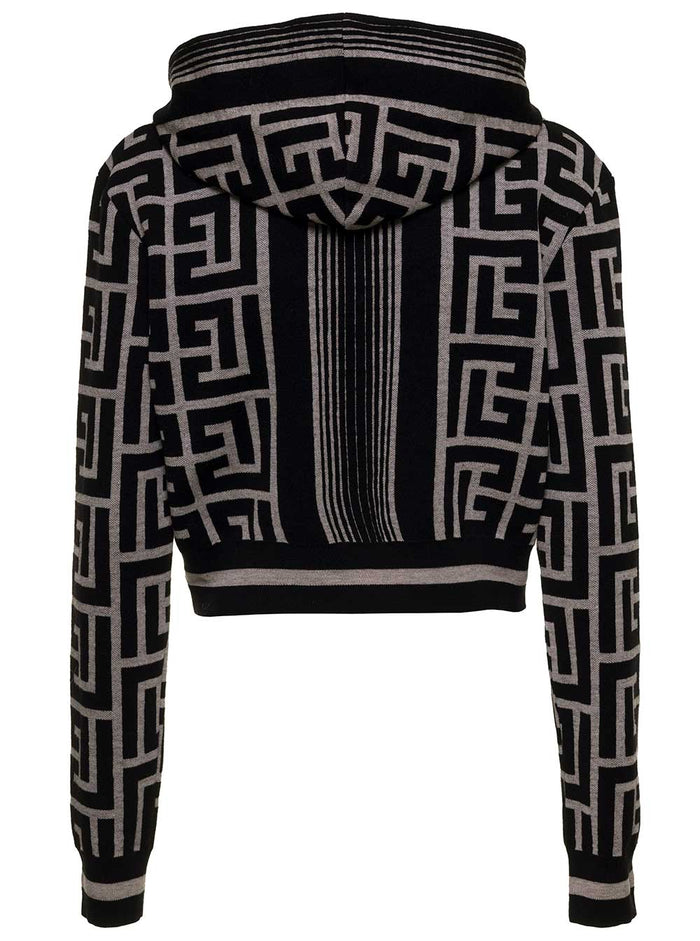 Cropped Wool Hoodie With Mongram Motif Black Merinos Linen Polyamide Sweatshirts