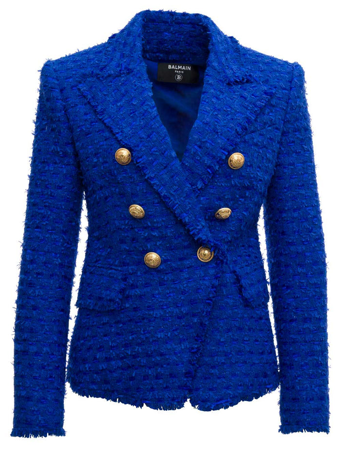 Double-Breasted Blue Wool Tweed Blazer Blu Cotton Polyamide Viscose Blazers