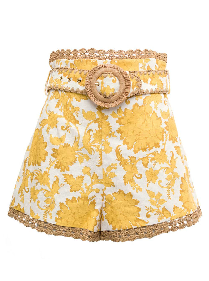 High Waist Postcard Shorts With Belt Yellow Cotton And Bermuda