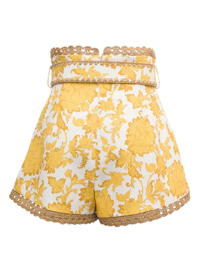 High Waist Postcard Shorts With Belt Yellow Cotton And Bermuda