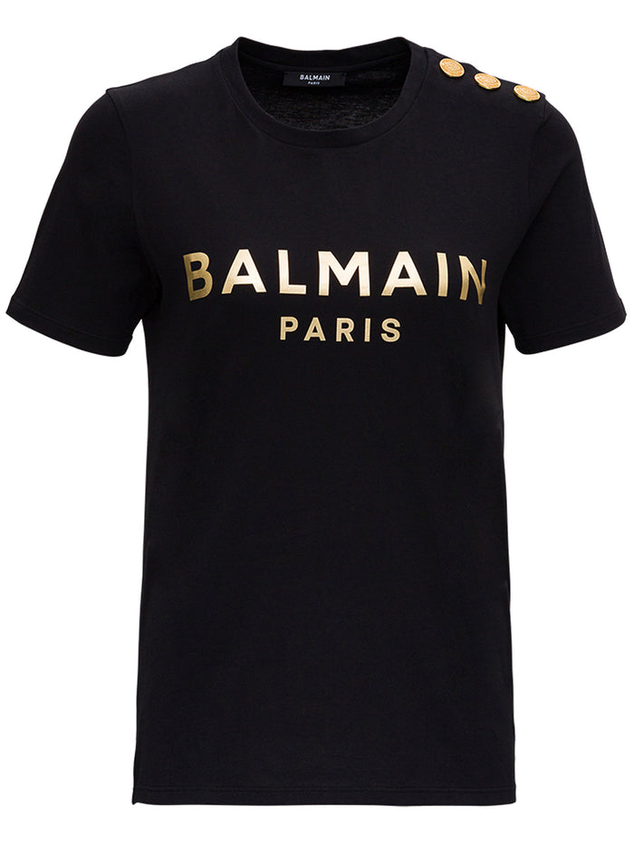 Black Cotton T-Shirt With Metallic Logo Print Tshirts And Polo Shirts