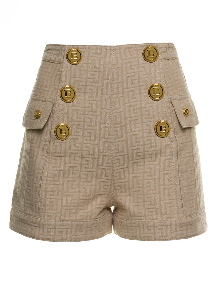 Beige Cotton Shorts With Monogram Motif And Bermuda