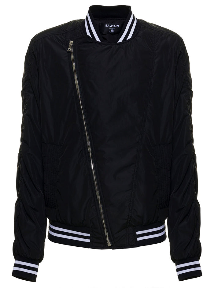 Black Nylon Jacket With Oblique Zip Polyester