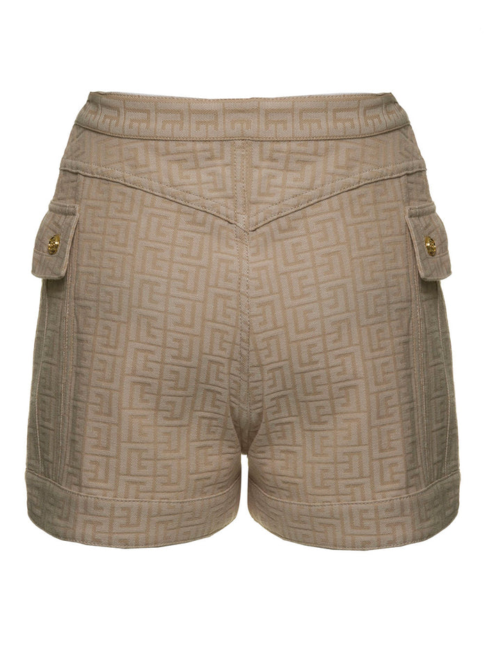 Beige Cotton Shorts With Monogram Motif And Bermuda