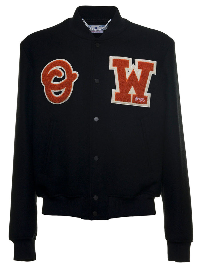 Black Wool Bomber Jacket With Patch Polyamide
