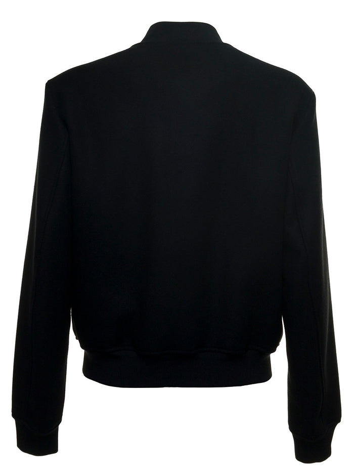 Black Wool Bomber Jacket With Patch Polyamide