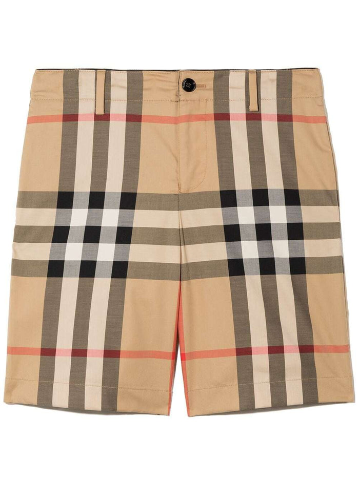 Burberry Kids Boys Vintage Check Cotton Bermuda Shorts Beige Elastane And