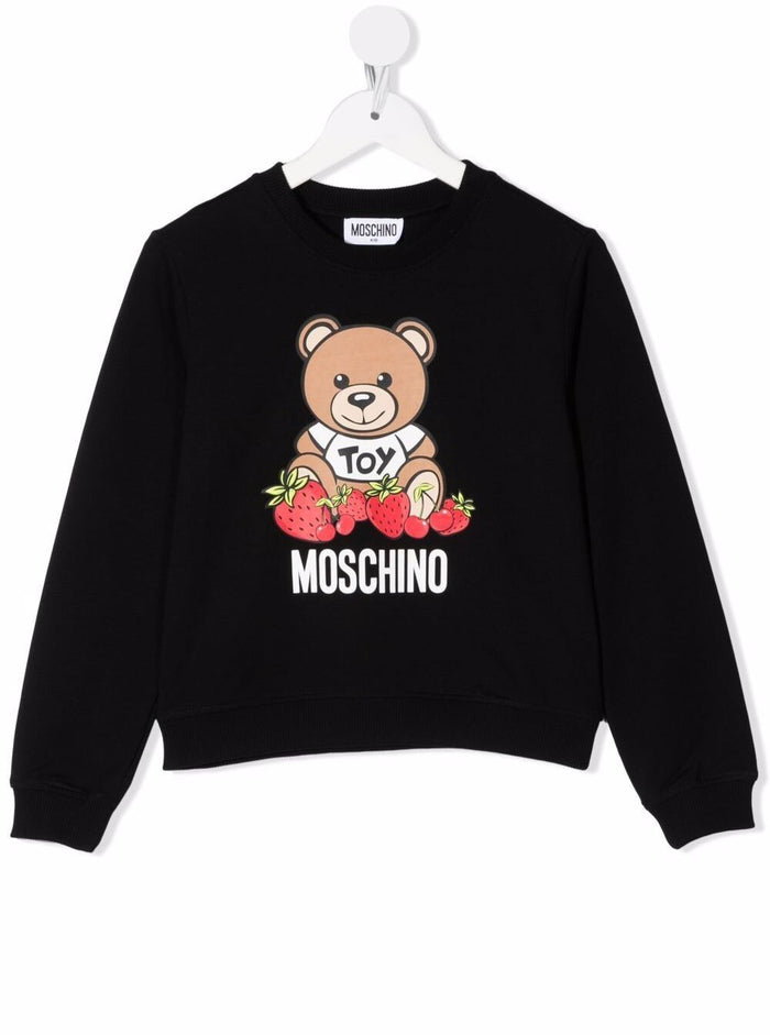 Black Cotton Sweatshirt With Teddy Bear Print Elastane Jersey