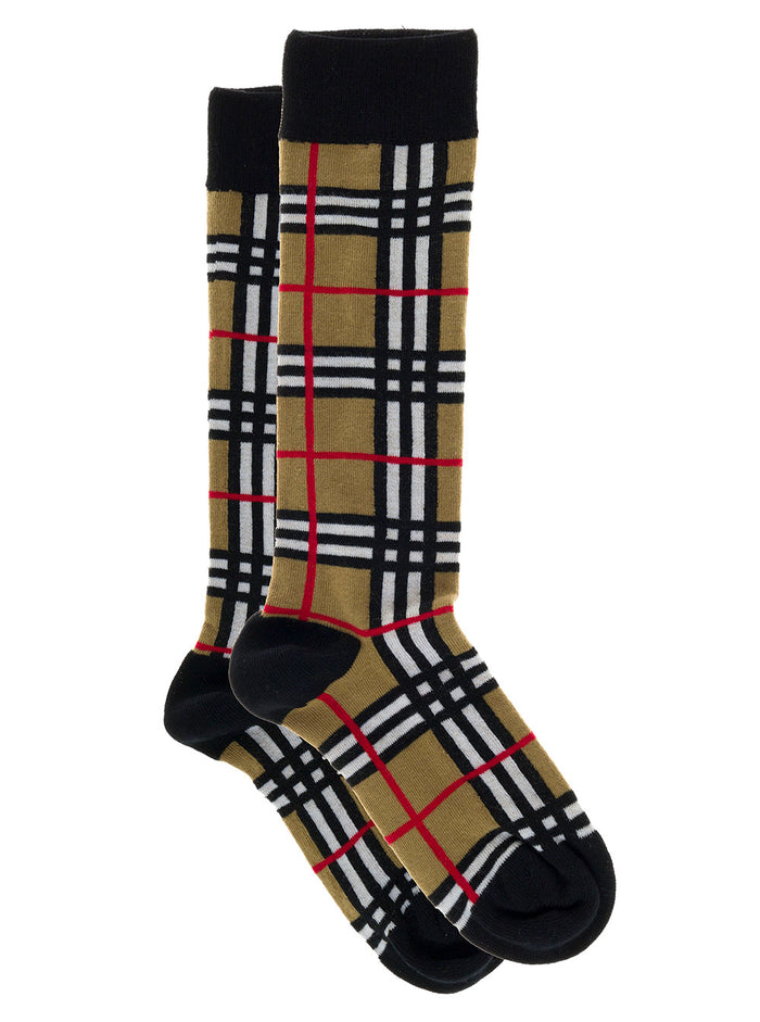 Vintage Check Cotton Socks Beige Underwear