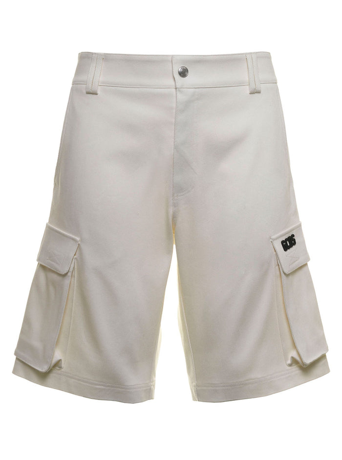 Gcds Mans White Cotton Basic Cargo Shorts With Pockets And Bermuda