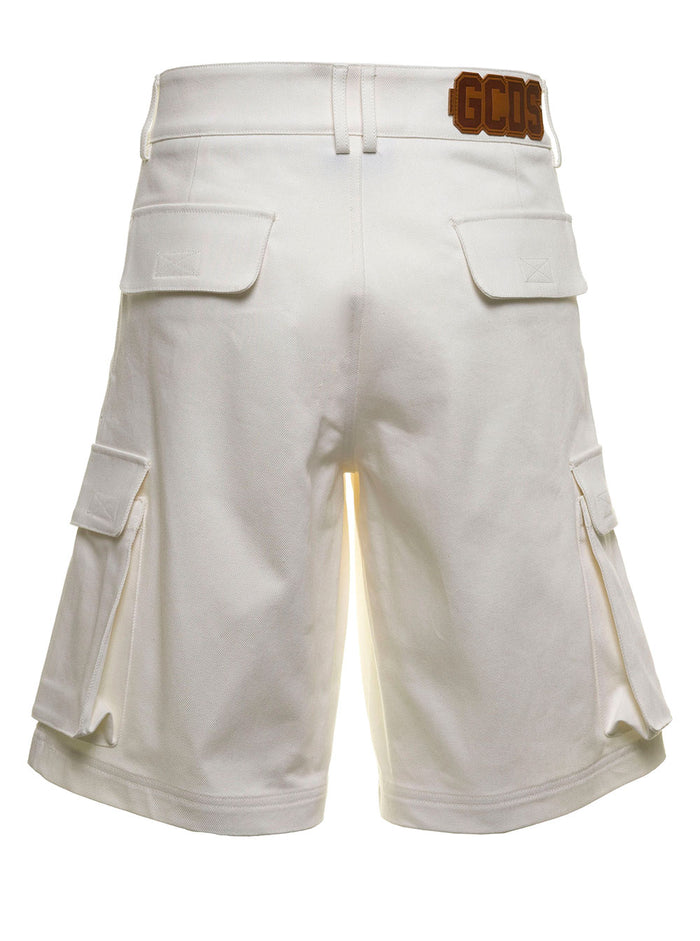 Gcds Mans White Cotton Basic Cargo Shorts With Pockets And Bermuda