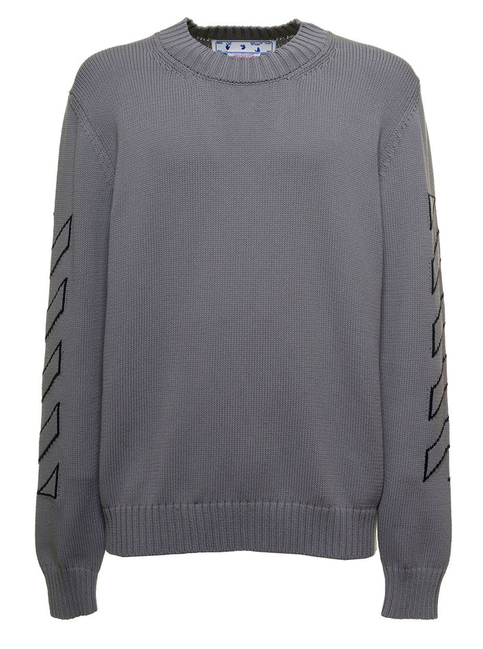 Gray Oversize Sweater With Arrow Diag Print Grey Cotton Polyamide Jersey