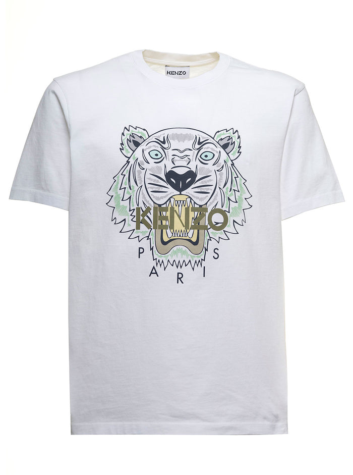 White Cotton T-Shirt With Tiger Logo Tshirts And Polo Shirts