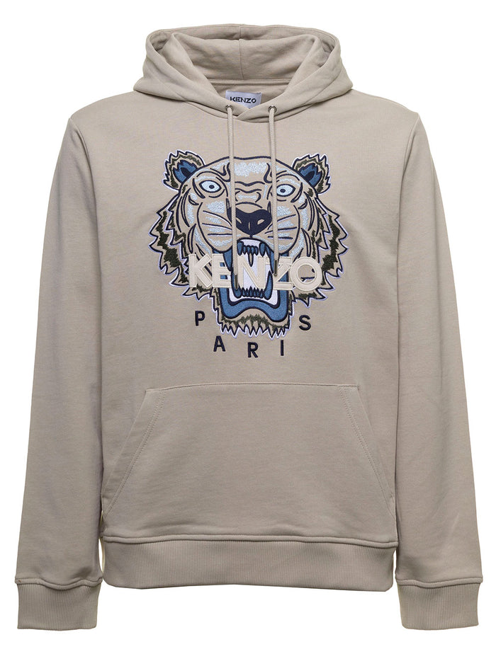 Beige Cotton Hoodie With Tiger Logo Sweatshirts