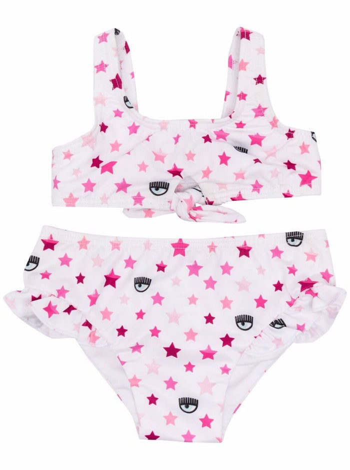 Chiara Ferragni Baby Girls Stretch Fabric Bikini With Stars Print White Polyester Elastane Beachwear
