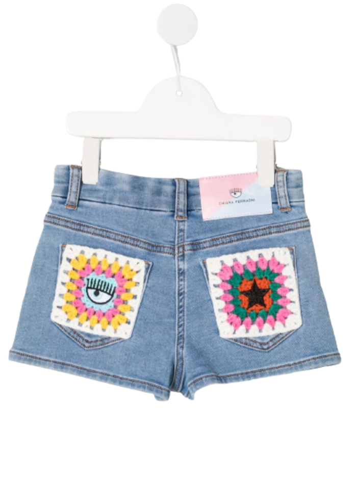 Cotton Denim Shorts With Crochet Inserts Blu Polyester Elastane And Bermuda