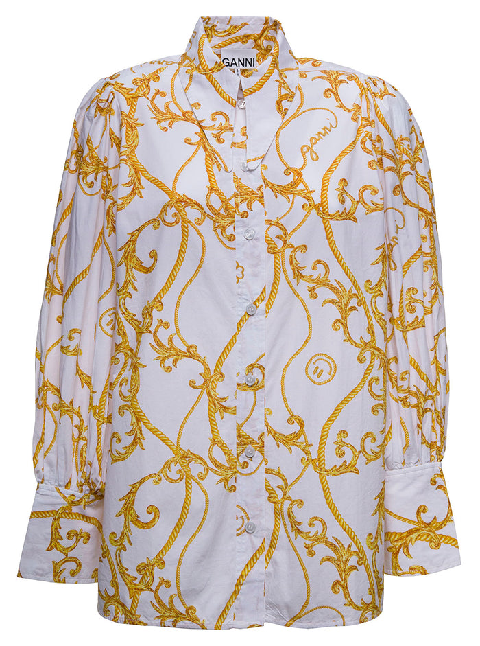 Cotton Poplin Shirt With Baroque Print White Organic And Blouses